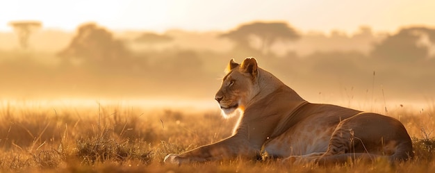 Photo lioness resting in golden grass at sunrise