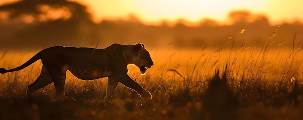 Photo lioness silhouette against golden sunset in tall grass