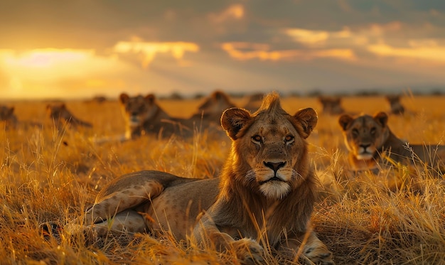 a lioness sits in the grass with other lions in the background