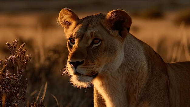 A lioness in the sunset