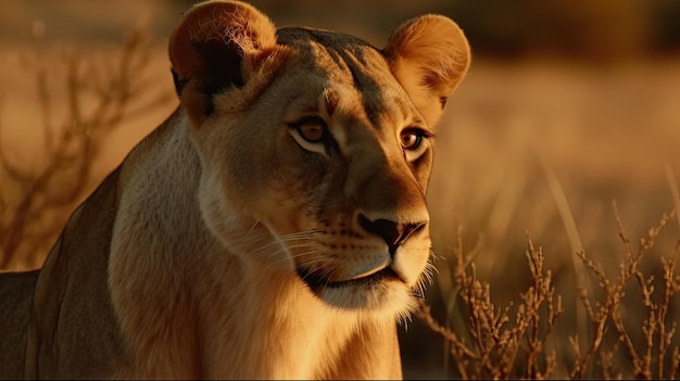 A lioness in the wild with the sun shining on her face.