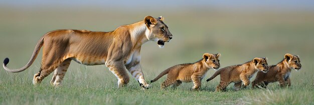 Photo lioness with her cubs in nature