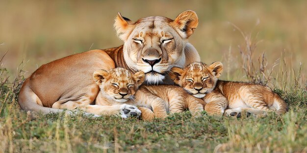 Photo lioness with her cubs resting in the savanna