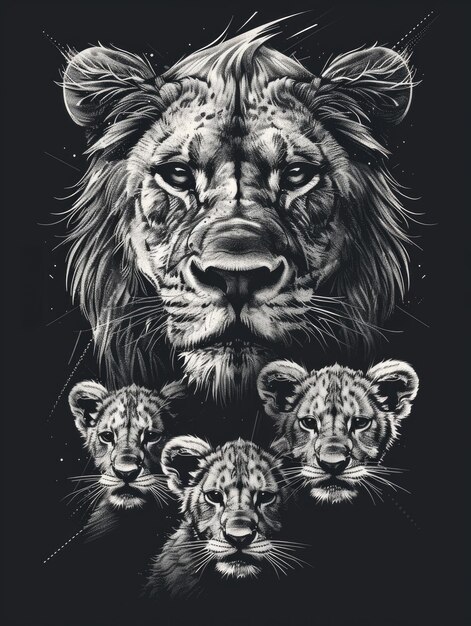 Lioness with lion cubs image as a tattoo template on black background