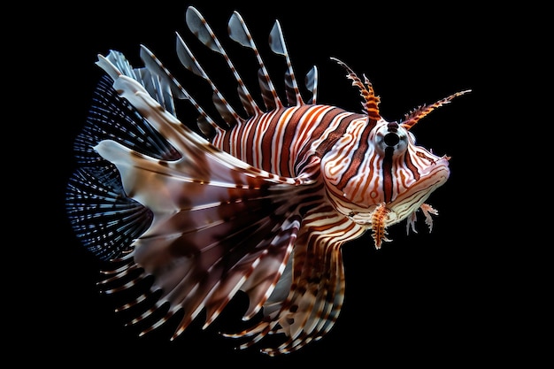 A lionfish is swimming in a black background