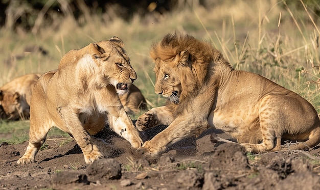 Photo lions engaged in a playful wrestling match in dynamic action