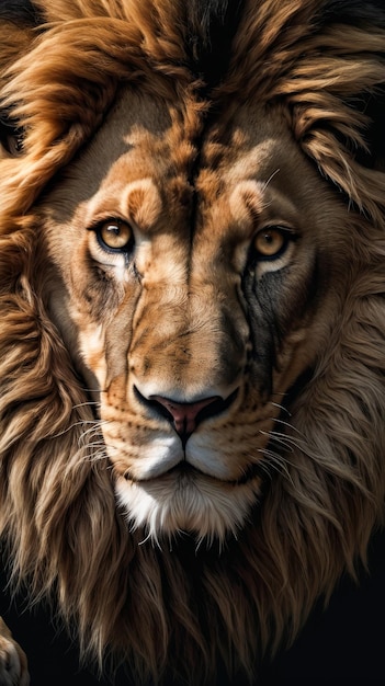 Lions face is shown in close up with slight sideways view