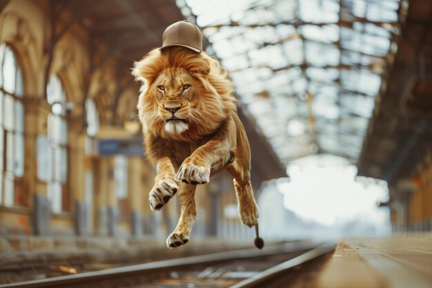 Photo lions joyful jump at train station