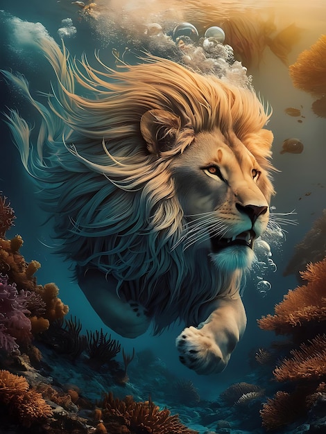 The lions majestic mane flows gracefully creating intricate patterns that swirl with the waters