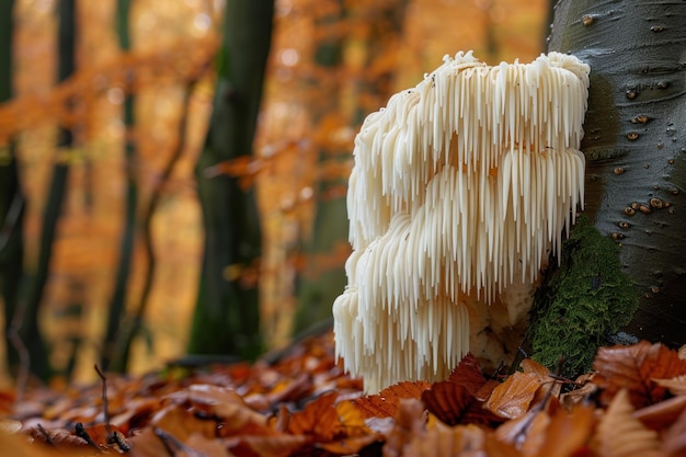 Lions Mane Mushroom Growing on Tree Trunk in Autumn Forest