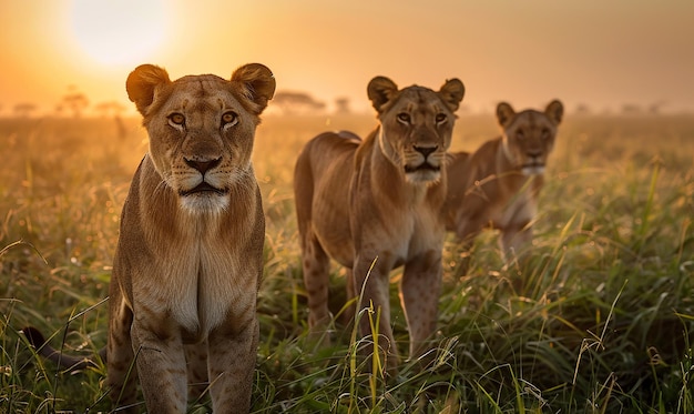 Lions in the savannah at sunset with breathtaking scenery