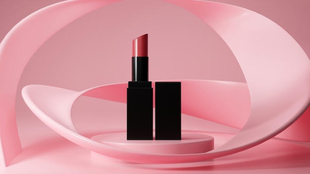 Lipstick mockup in pink abstract geometric shapes background beauty makeup presentation 3d render