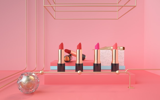 The lipstick product 3d renderings stand on a pink