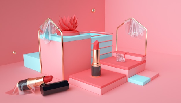 The lipstick product 3d renderings stand on a pink