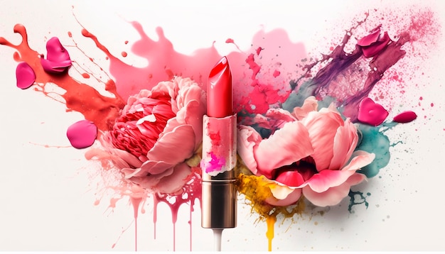 Lipstick splash flowers cosmetics isolate on white background Generative AI