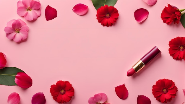 a lipstick with a pink background and red flowers