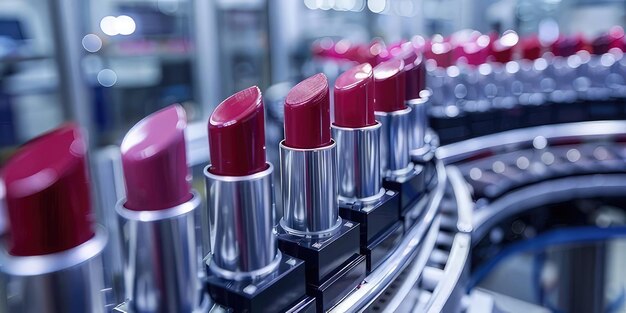 Photo lipsticks are lined up in a row one of which is red