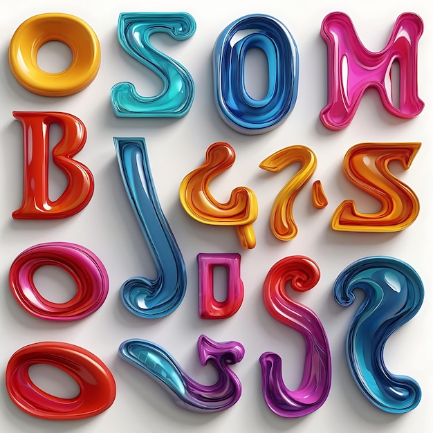 Photo liqud font iridescent alphabet holographic numbers and melted letters 3d vector set