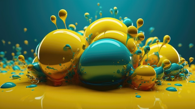 Liquid 3d gradient shapes flow into each other background yellow and turquoise