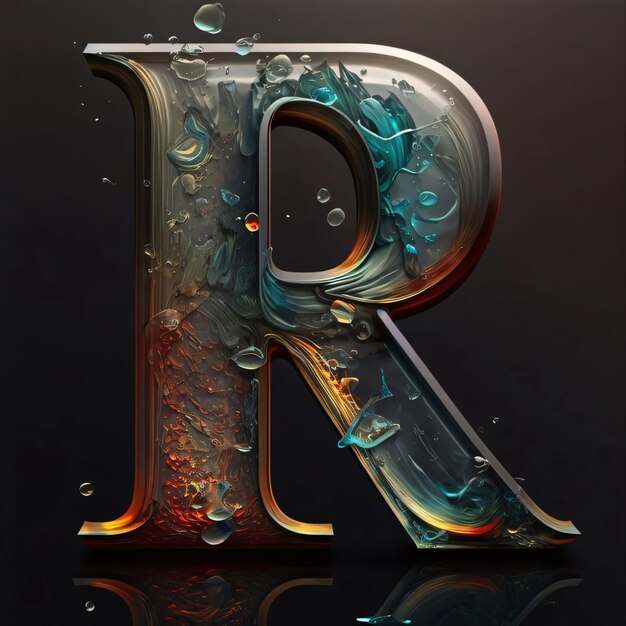 Photo liquid alphabet letter r uppercase with water drops isolated on black 3d rendering