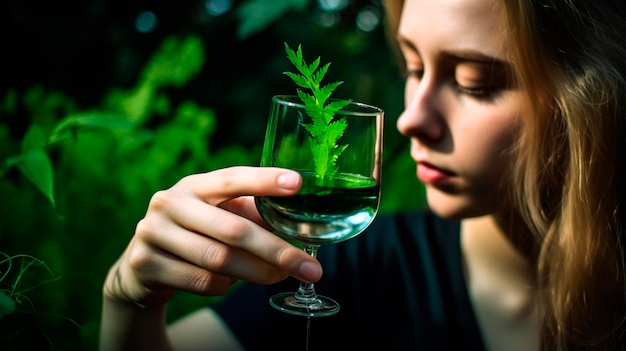 Liquid chlorophyll in a glass of water on the background of plants Generative AI