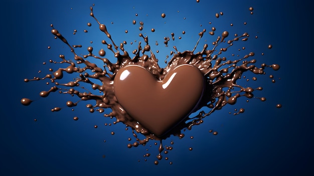 liquid glossy chocolate splash with heart shaped chocolate on a blue background ad promotion