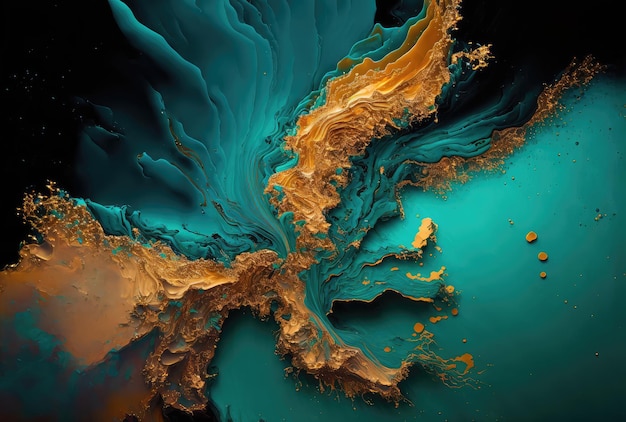 Liquid golden and turquoise grunge abstract background Generative AI