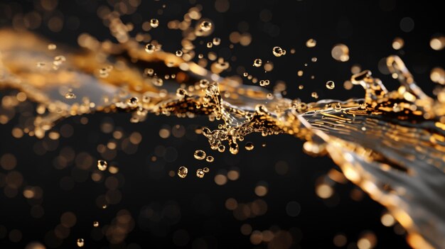 Liquid golden water splash on dark black background