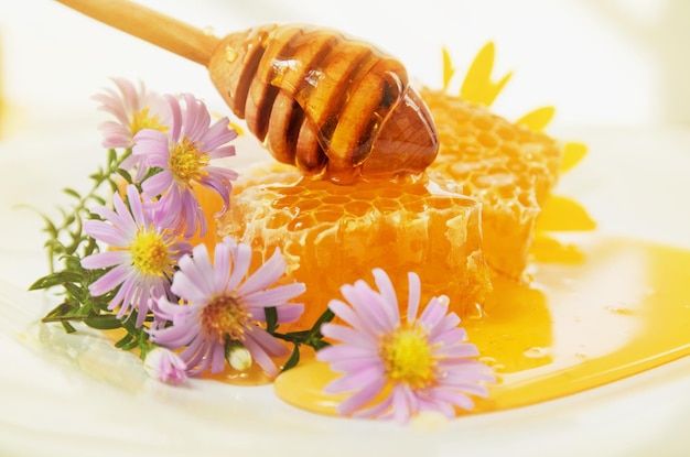 Liquid honey and honeycomb with flowers and dipper Beautiful sweet dessert background