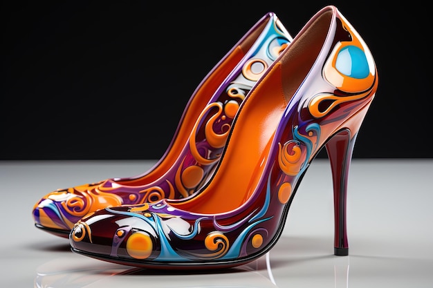 Liquid Luxury High heeled shoes with a mesmerizing liquid filled sole showcasing swirling colors and captivating patterns isolated on a dynamic and vibrant background illustration generative ai