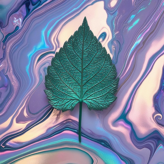 Liquid marble background with leaf