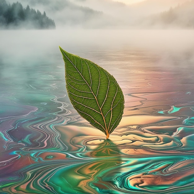 Liquid marble background with leaf