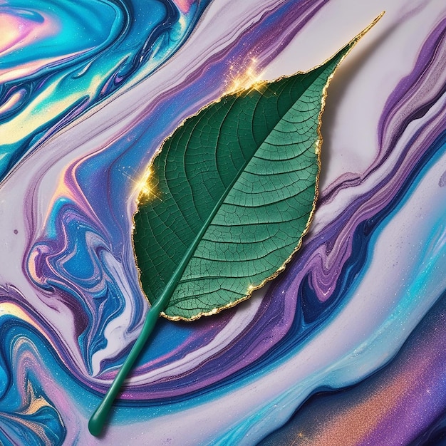 Liquid marble background with leaf