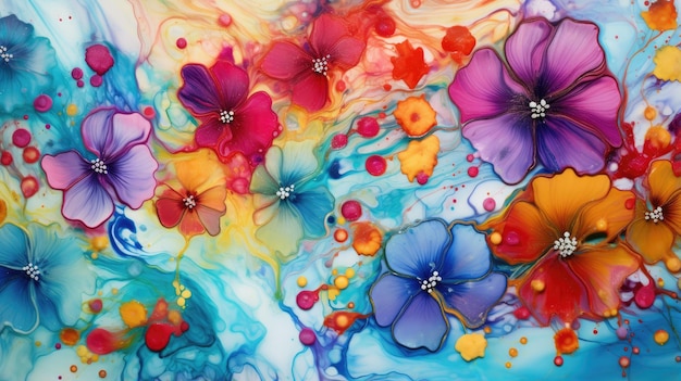 A liquid marbling paint texture that resembles a field of wildflowers in bloom