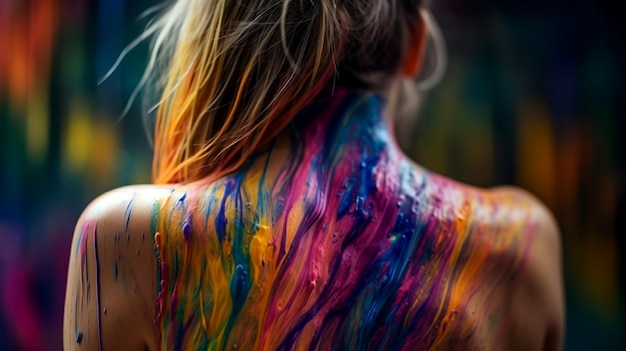 Photo liquid paint on the hair and back of a young girl