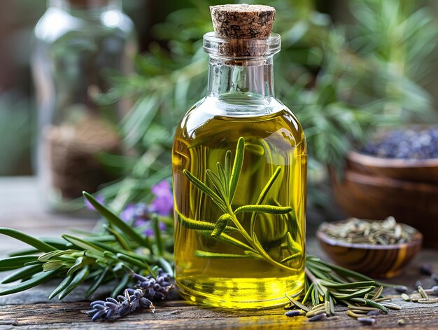 Liquid plant oil in glass bottle with rosemary essence