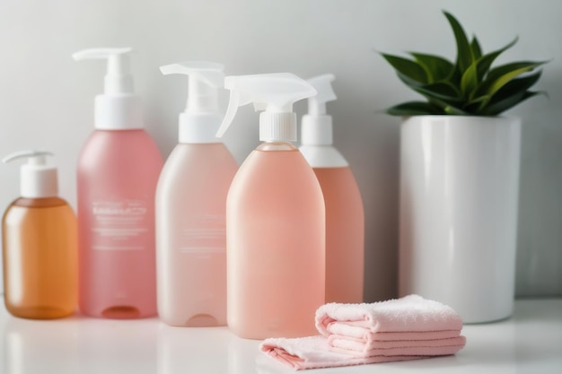 Liquid soap and shampoo in the bathroom personal care and health products Generative AI