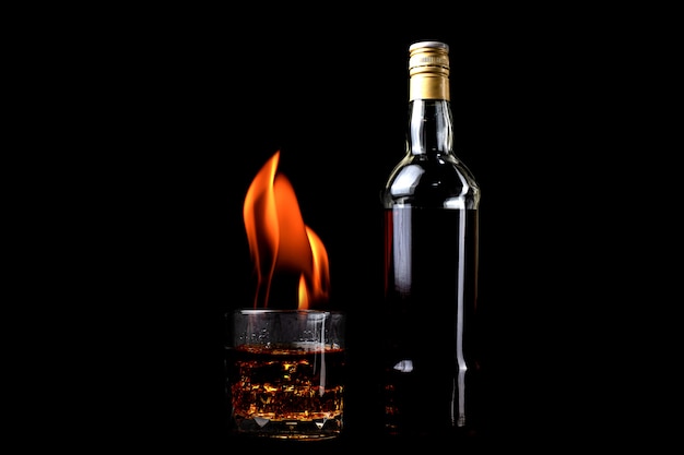 Liquor bottles and whiskey glass with and fire flame on black background