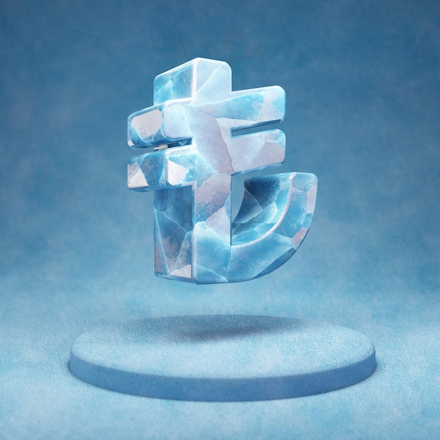 Lira icon. Cracked blue Ice Lira symbol on blue snow podium. Social Media Icon for website, presentation, design template element. 3D render.