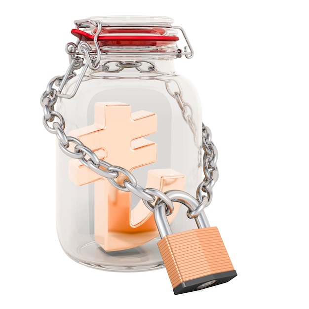 Lira symbol inside glass jar with chain and padlock Financial insurance concept 3D rendering