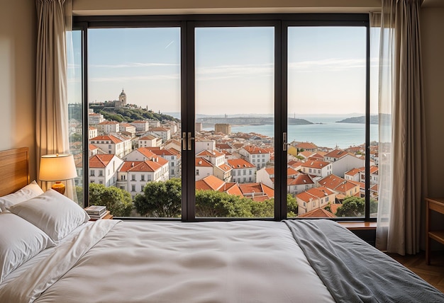 Photo lisbon city view in from hotel room bed window