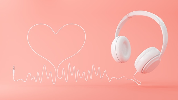 Listen to music and White headphone with sound wave cable heart on pink