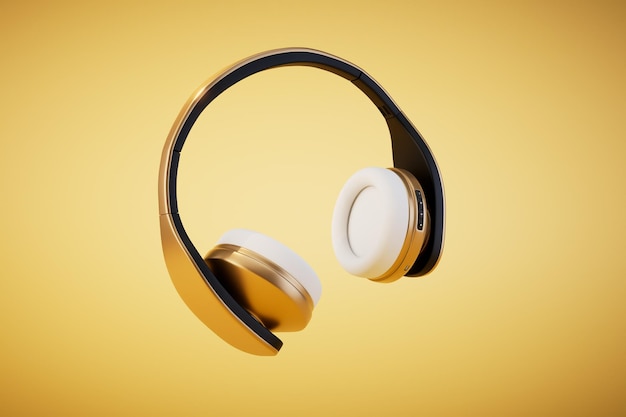 Listening to music in headphones headphones on a yellow background 3D render