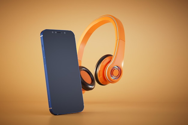 Listening to music in headphones on a smartphone smartphone and headphones 3D render