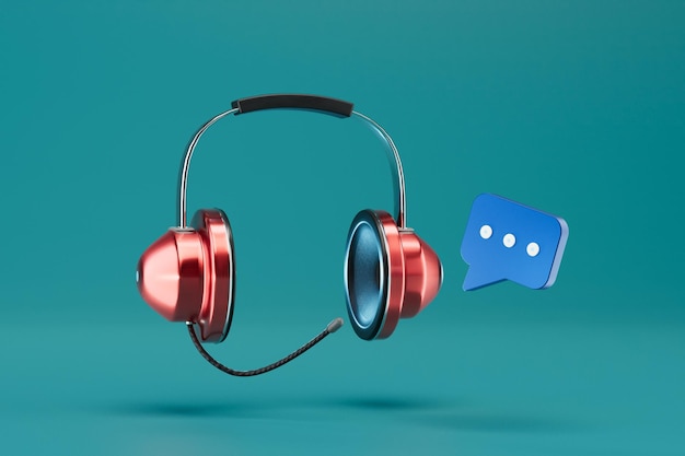 Listening to a voice message Headphones with microphone and message icon on a turquoise background