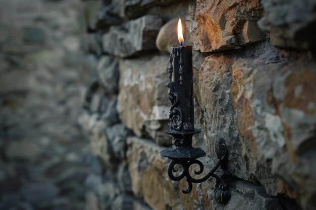 Photo lit black candle mounted on stone wall gothic and medieval ambiance with rustic charm