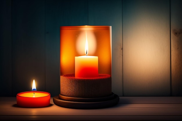 A lit candle and a candle are on a table