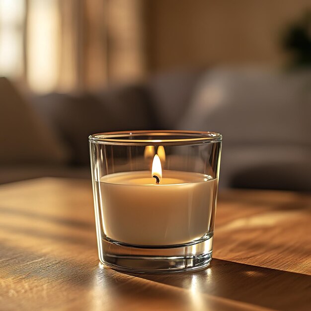 A lit candle in a clear glass holder resting on a wooden table emitting a warm glow that enhances the cozy atmosphere of the living space