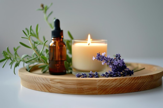 Lit Candle Essential Oil and Lavender Flowers on Wooden Tray