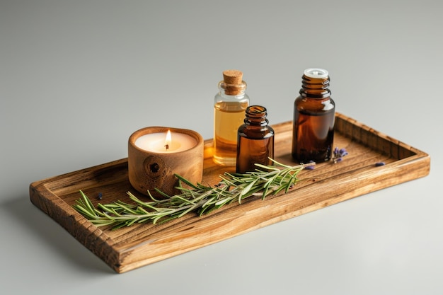 Lit Candle and Essential Oils on Wooden Tray With Rosemary